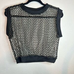 Julia by Love J Black Gold Metallic Mesh Fishnet Crop Top Size L